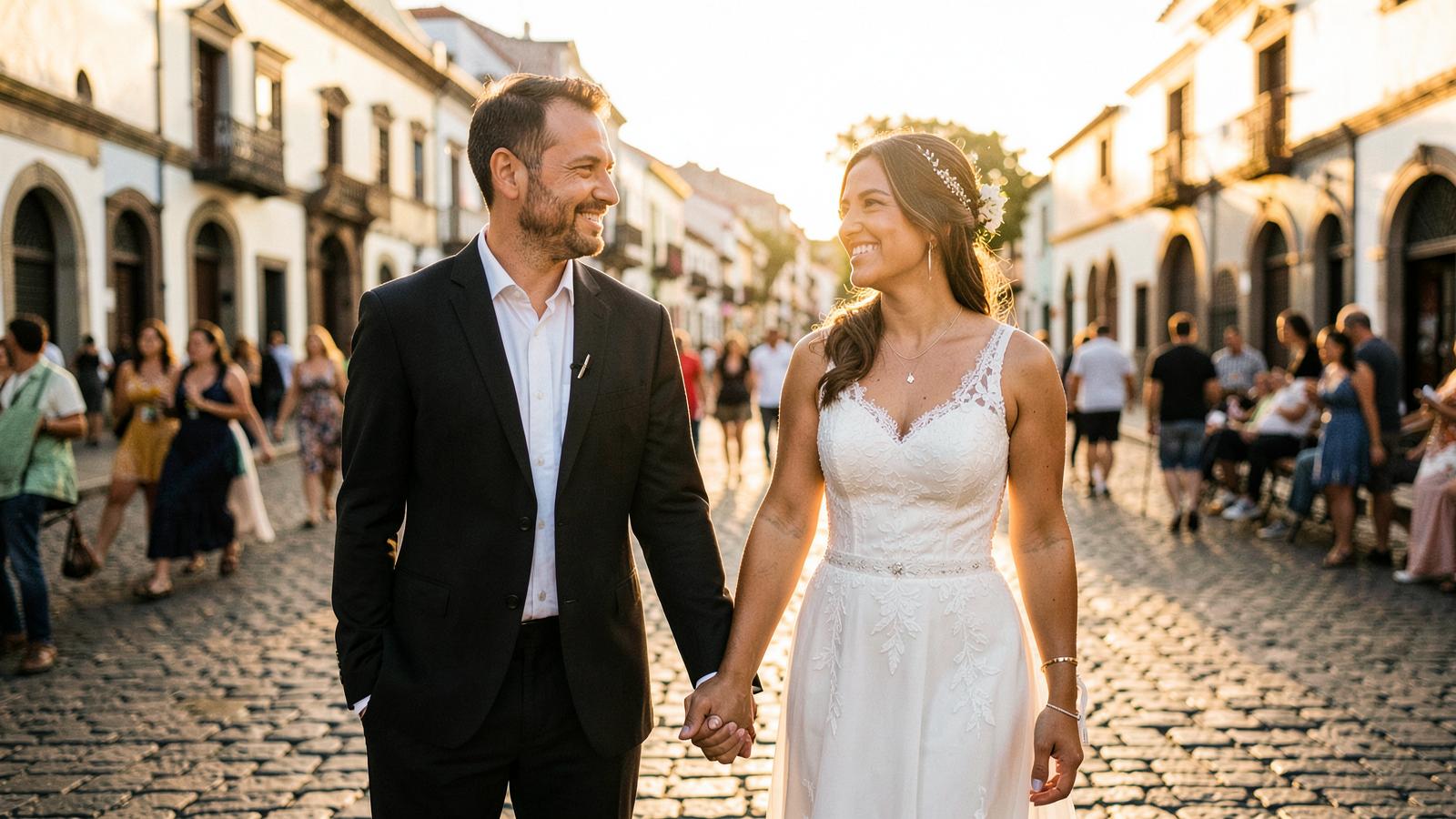 Pareja binacional caminando en una ciudad colombiana