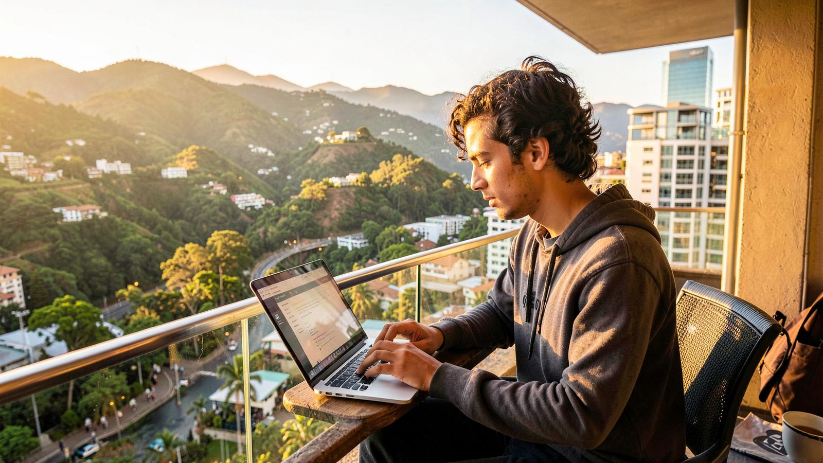 Nómada digital trabajando desde Colombia con vista a la montaña