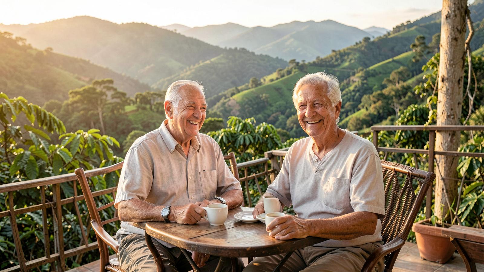 Pareja de pensionados disfrutando un paisaje colombiano